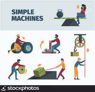Simple mechanism. Physical force machine working force gear garish vector since processes. Illustration of education physics and mechanical movement motion. Simple mechanism. Physical force machine working force gear garish vector since processes
