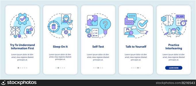 Simple memory tricks onboarding mobile app screen. Learning new walkthrough 5 steps editable graphic instructions with linear concepts. UI, UX, GUI template. Myriad Pro-Bold, Regular fonts used. Simple memory tricks onboarding mobile app screen