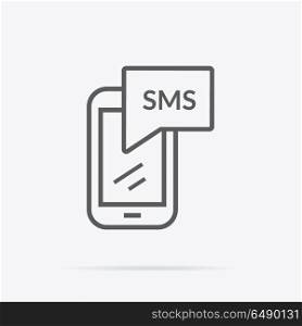 Simple Messaging Icon Illustration in Flat Design.. Simple messaging icon. Flat design. Grey line pictogram of SMS abbreviation on mobile device screen with shadow under it . Vector illustration for messaging services and applications.