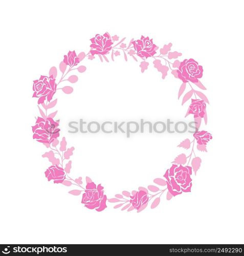 Simple modern abstract rose and twigs intertwined into wreath or frame. Unique hand drawn nature, beauty, feminine, eco decor. Doodle style isolated editable fantasy element with copy space. Pink wreath made of rose flowers and buds, leaves and twigs. Floral decor, vignette, modern silhouette style
