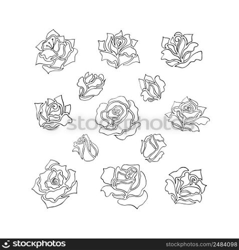 Simple modern abstract rose flower shapes. Unique hand drawn nature, beauty, eco design elements in uniform line art style. Illustrations of rose flowers and buds. Collection of floral elements in original sketchy, line art style