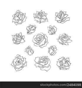 Simple modern abstract rose flower shapes. Unique hand drawn nature, beauty, eco design elements in uniform line art style. Illustrations of rose flowers and buds. Collection of floral elements in original sketchy, line art style