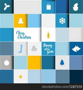 Simple modern vector christmas card with various seasonal elements in squared mosaic. Simple modern vector christmas mosaic card