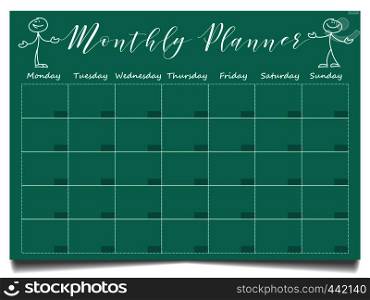 Simple monthly planner template with hand drawn positive stick figures. Monthly planner organizer, week page schedule. Vector illustration. Simple monthly planner template with hand drawn positive stick figures
