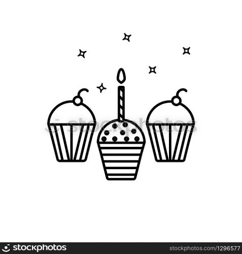 Simple outline Birthday Party cupcakes with one candle vector icon. Muffin cake pastry icon isolated on white.. Simple outline Birthday Party cupcakes vector icon.