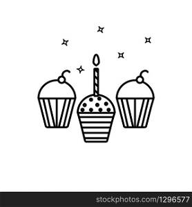 Simple outline Birthday Party cupcakes with one candle vector icon. Muffin cake pastry icon isolated on white.. Simple outline Birthday Party cupcakes vector icon.