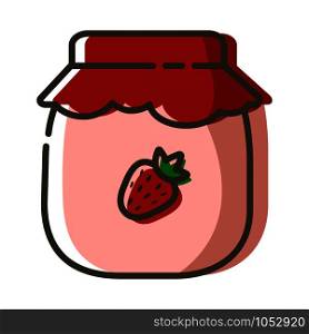 Simple outline filled icon - jar with strawberry jam or confiture as dessert for breakfast, sweet food for tea party, isolated colorful vector symbol on white background.. Tea Coffee Outline Color Icons