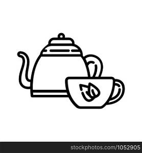Simple outline icon - kettle or teapot and little cup or mug with hot energetic drink or beverage for breakfast, tea party, isolated vector symbol, pictogram for web, app. Tea Coffee Outline Icons