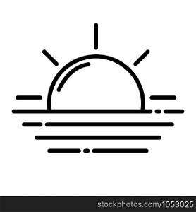 Simple outline icon - weather or forecast sing with black line sun and morning fog, sunny day, meteorology pictogram or single isolated icon on white background, vector symbol for web and app. Weather Outline Icons