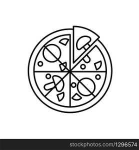 Simple outline pizza vector icon. Food icon. Pizza with tomatoes, mushrooms, sausage and one slice separated linear icon. Simple outline pizza vector icon.