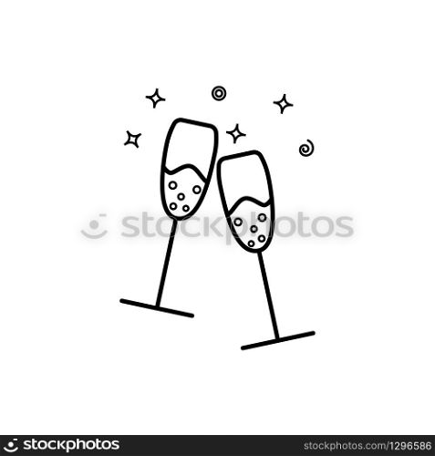 Simple outline vector icon of glass of champagne. Two glasses of champagne clinking isolated on white background. Simple outline vector icon of glass of champagne