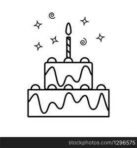 Simple outline vector icon of two-level birthday cake with one candle. Cake icon in trendy outline design. Simple outline vector icon of two-level birthday cake with one candle.