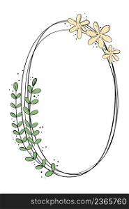 Simple oval handmade frame. Rim with flowers and leaves. Template for text. Holiday card vector illustration