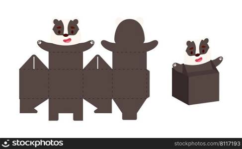 Simple packaging favor box badger design for sweets, candies, small presents. Party package template for any purposes, birthday, baby shower. Print, cut out, fold, glue. Vector stock illustration