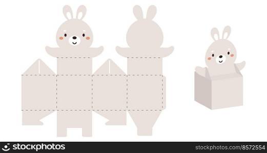 Simple packaging favor box bunny design for sweets, candies, small presents. Party package template for any purposes, birthday, baby shower. Print, cut out, fold, glue. Vector stock illustration.