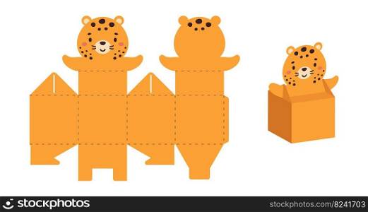 Simple packaging favor box cheetah design for sweets, candies, small presents. Party package template for any purposes, birthday, baby shower. Print, cut out, fold, glue. Vector stock illustration.