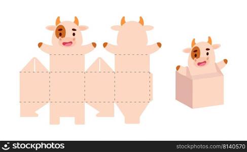 Simple packaging favor box cow design for sweets, candies, small presents. Party package template for any purposes, birthday, baby shower. Print, cut out, fold, glue. Vector stock illustration