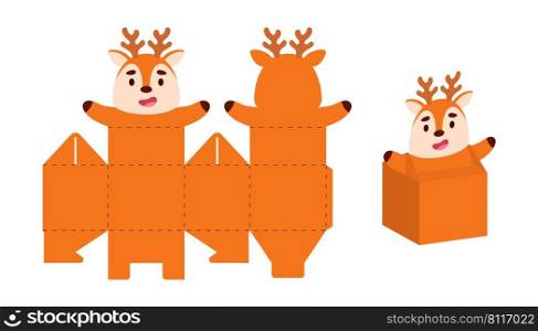 Simple packaging favor box deer design for sweets, candies, small presents. Party package template for any purposes, birthday, baby shower. Print, cut out, fold, glue. Vector stock illustration