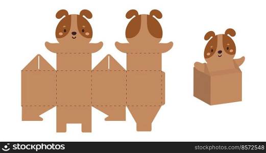 Simple packaging favor box dog design for sweets, candies, small presents. Party package template for any purposes, birthday, baby shower. Print, cut out, fold, glue. Vector stock illustration.