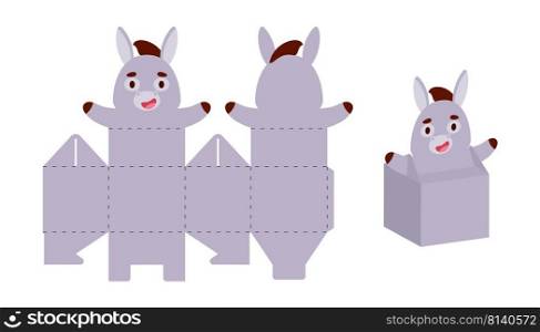 Simple packaging favor box donkey design for sweets, candies, small presents. Party package template for any purposes, birthday, baby shower. Print, cut out, fold, glue. Vector stock illustration