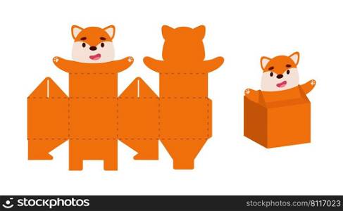 Simple packaging favor box fox design for sweets, candies, small presents. Party package template for any purposes, birthday, baby shower. Print, cut out, fold, glue. Vector stock illustration