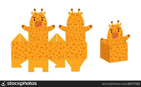 Simple packaging favor box giraffe design for sweets, candies, small presents. Party package template for any purposes, birthday, baby shower. Print, cut out, fold, glue. Vector stock illustration