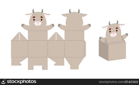 Simple packaging favor box goat design for sweets, candies, small presents. Party package template for any purposes, birthday, baby shower. Print, cut out, fold, glue. Vector stock illustration