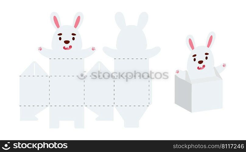 Simple packaging favor box hare design for sweets, candies, small presents. Party package template for any purposes, birthday, baby shower. Print, cut out, fold, glue. Vector stock illustration