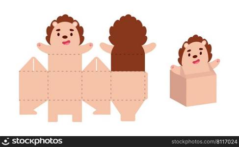 Simple packaging favor box hedgehog design for sweets, candies, small presents. Party package template for any purposes, birthday, baby shower. Print, cut out, fold, glue. Vector stock illustration