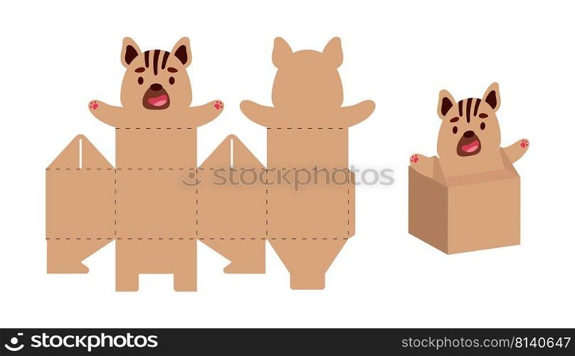 Simple packaging favor box hyena design for sweets, candies, small presents. Party package template for any purposes, birthday, baby shower. Print, cut out, fold, glue. Vector stock illustration