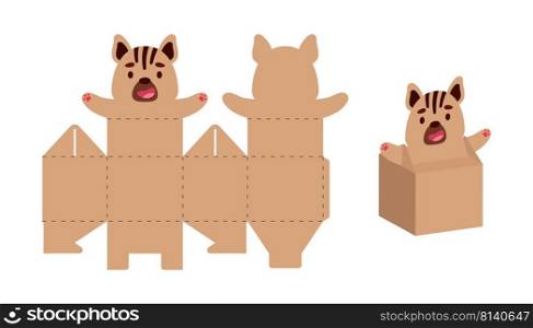 Simple packaging favor box hyena design for sweets, candies, small presents. Party package template for any purposes, birthday, baby shower. Print, cut out, fold, glue. Vector stock illustration