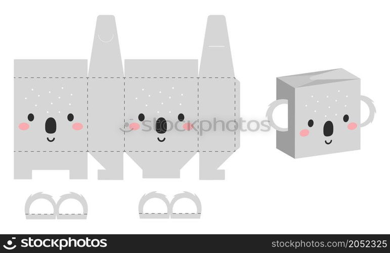 Simple packaging favor box koala design for sweets, candies, presents, bakery. DIY package template for any purposes, birthdays, baby showers, halloween, christmas. Print, cutout, fold, glue.