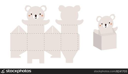 Simple packaging favor box koala design for sweets, candies, small presents. Party package template for any purposes, birthday, baby shower. Print, cut out, fold, glue. Vector stock illustration.