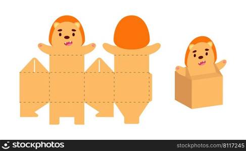 Simple packaging favor box lion design for sweets, candies, small presents. Party package template for any purposes, birthday, baby shower. Print, cut out, fold, glue. Vector stock illustration