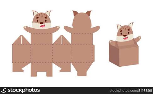 Simple packaging favor box lynx design for sweets, candies, small presents. Party package template for any purposes, birthday, baby shower. Print, cut out, fold, glue. Vector stock illustration