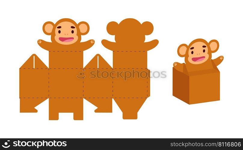 Simple packaging favor box monkey design for sweets, candies, small presents. Party package template for any purposes, birthday, baby shower. Print, cut out, fold, glue. Vector stock illustration
