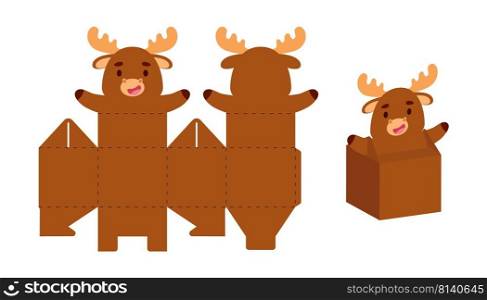 Simple packaging favor box moose design for sweets, candies, small presents. Party package template for any purposes, birthday, baby shower. Print, cut out, fold, glue. Vector stock illustration