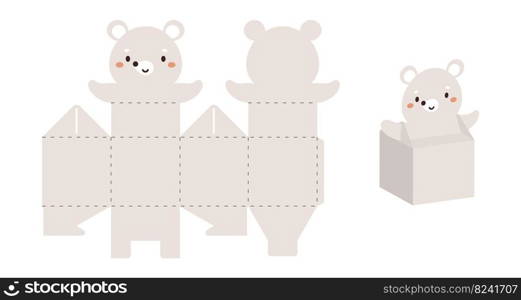 Simple packaging favor box mouse design for sweets, candies, small presents. Party package template for any purposes, birthday, baby shower. Print, cut out, fold, glue. Vector stock illustration.