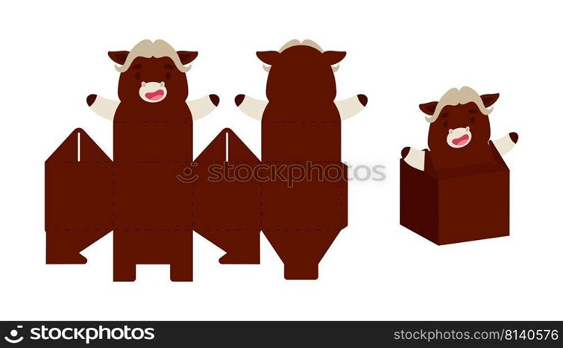 Simple packaging favor box musk ox design for sweets, candies, small presents. Party package template for any purposes, birthday, baby shower. Print, cut out, fold, glue. Vector stock illustration