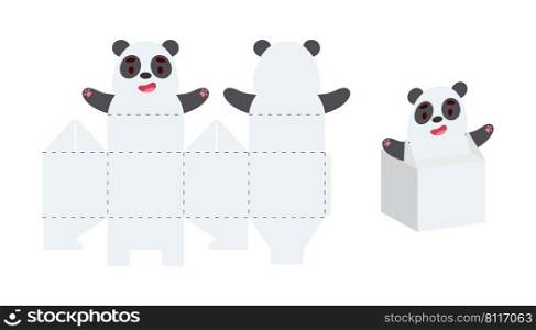 Simple packaging favor box panda design for sweets, candies, small presents. Party package template for any purposes, birthday, baby shower. Print, cut out, fold, glue. Vector stock illustration
