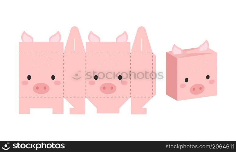 Simple packaging favor box pig design for sweets, candies, presents, bakery. DIY package template for any purposes, birthdays, baby showers, halloween, christmas. Print, cutout, fold, glue.