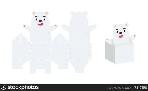 Simple packaging favor box polar bear design for sweets, candies, small presents. Party package template for any purposes, birthday, baby shower. Print, cut out, fold, glue. Vector stock illustration