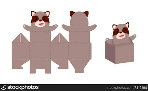 Simple packaging favor box raccoon design for sweets, candies, small presents. Party package template for any purposes, birthday, baby shower. Print, cut out, fold, glue. Vector stock illustration
