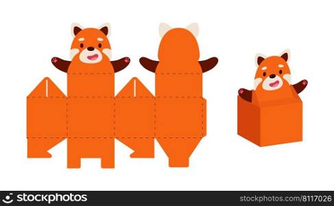 Simple packaging favor box red panda design for sweets, candies, small presents. Party package template for any purposes, birthday, baby shower. Print, cut out, fold, glue. Vector stock illustration
