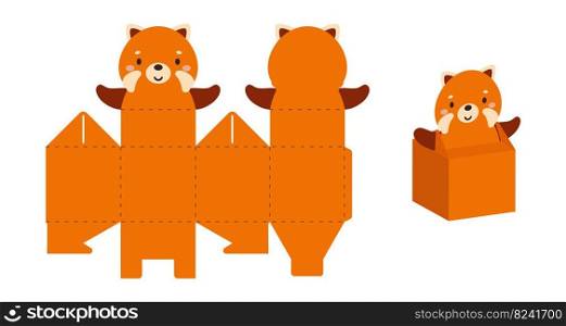 Simple packaging favor box red panda design for sweets, candies, small presents. Party package template for any purposes, birthday, baby shower. Print, cut out, fold, glue. Vector stock illustration.