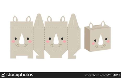 Simple packaging favor box rhino design for sweets, candies, presents, bakery. DIY package template for any purposes, birthdays, baby showers, halloween, christmas. Print, cutout, fold, glue.