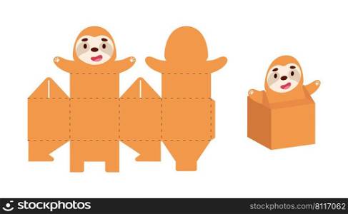 Simple packaging favor box sloth design for sweets, candies, small presents. Party package template for any purposes, birthday, baby shower. Print, cut out, fold, glue. Vector stock illustration