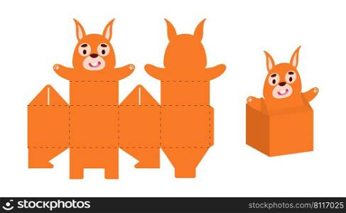 Simple packaging favor box squirrel design for sweets, candies, small presents. Party package template for any purposes, birthday, baby shower. Print, cut out, fold, glue. Vector stock illustration