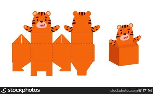 Simple packaging favor box tiger design for sweets, candies, small presents. Party package template for any purposes, birthday, baby shower. Print, cut out, fold, glue. Vector stock illustration