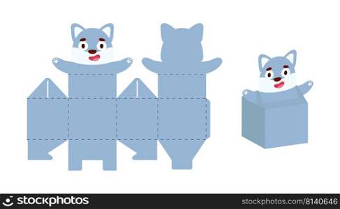 Simple packaging favor box wolf design for sweets, candies, small presents. Party package template for any purposes, birthday, baby shower. Print, cut out, fold, glue. Vector stock illustration